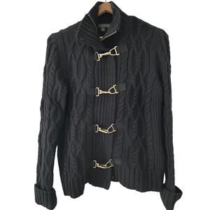 Lauren Ralph Lauren M Black Cable Fireman Clasp Cardigan Hardware Sweater $380